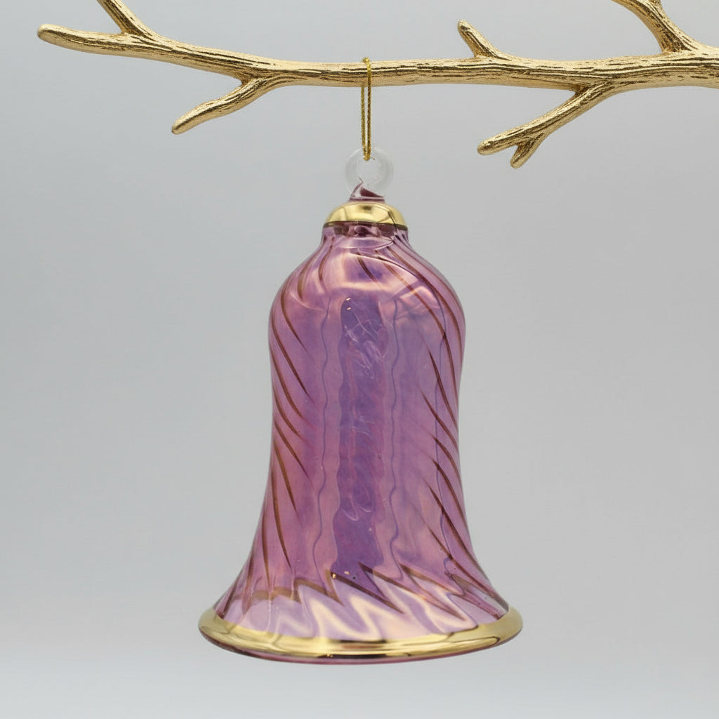 Decorative handblown glass iridescent pastel colored wavy bell ornaments with glass clapper, pink