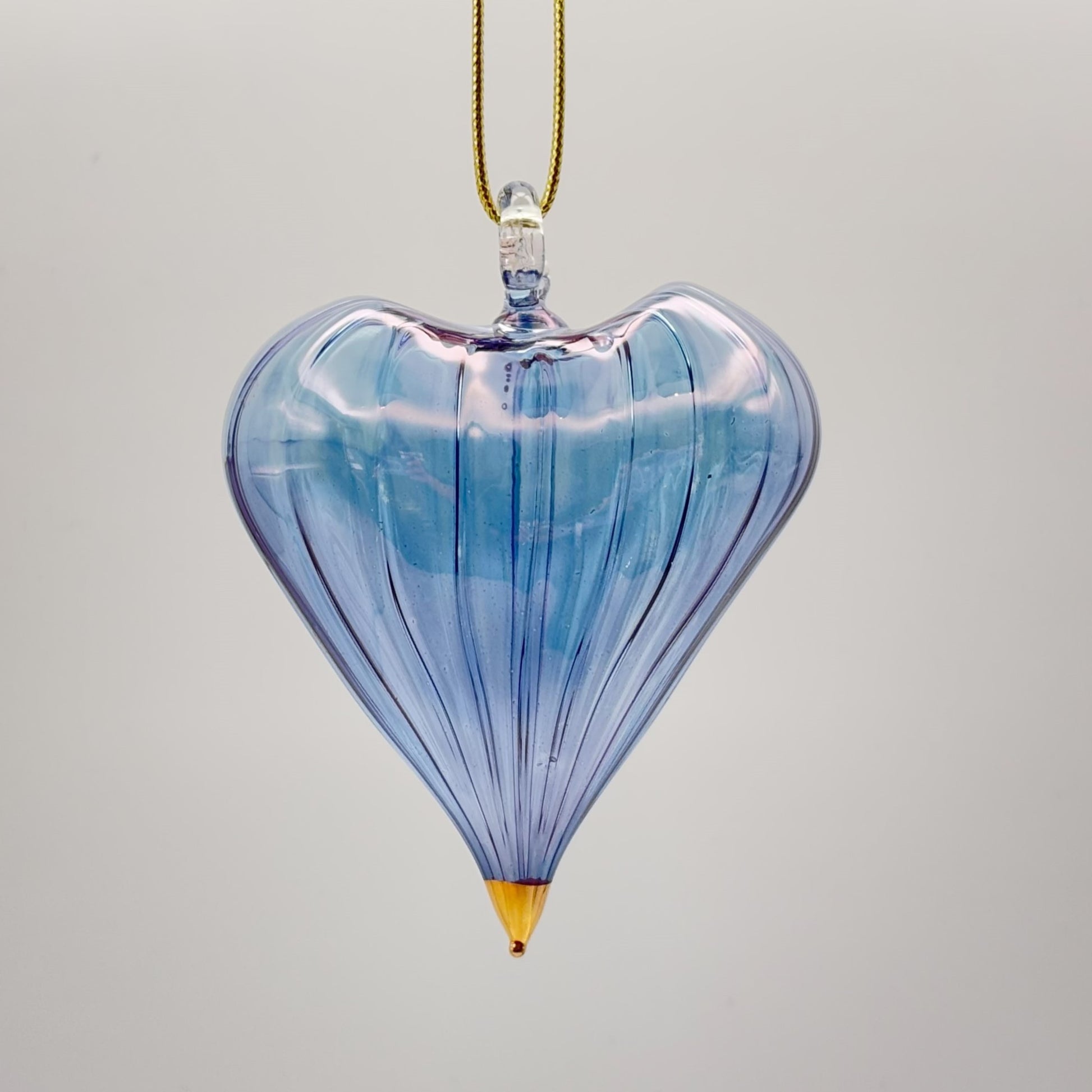 Fair Trade Handblown Glass Heart Ornament, Iridescent Light Blue, Ethically Handmade
