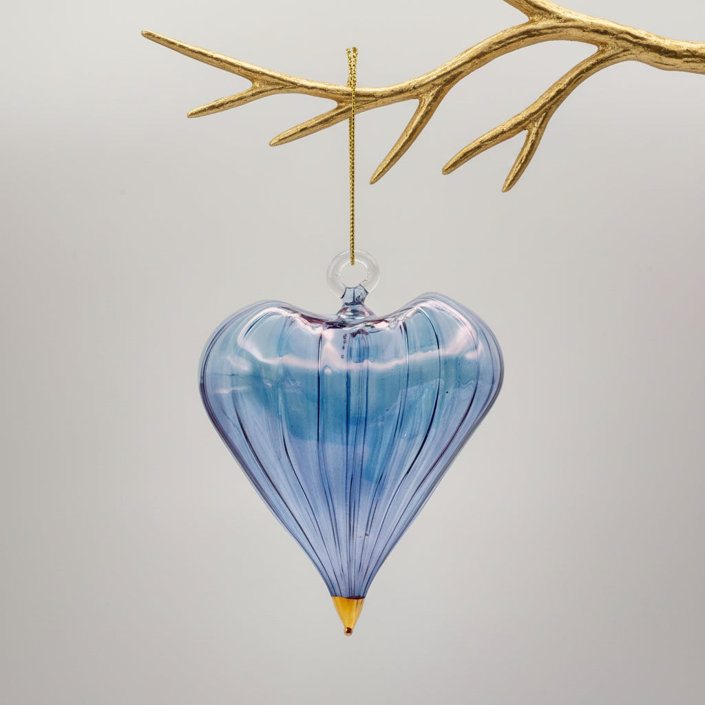 Fair Trade Handblown Glass Heart Ornament, Iridescent Light Blue, Ethically Handmade