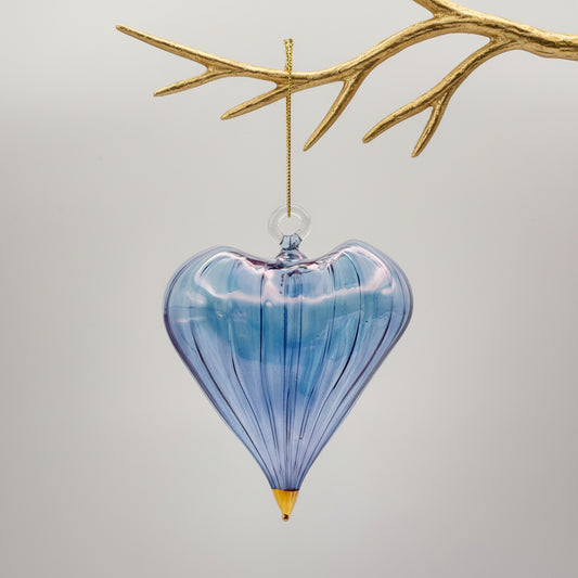 Fair Trade Handblown Glass Heart Ornament, Iridescent Light Blue, Ethically Handmade