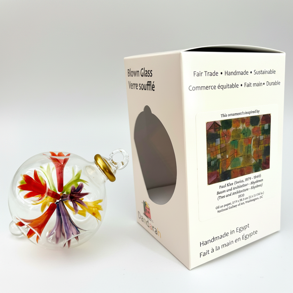 Handblown Glass Ornament with Floral Design Inspired by Paul Klee's Trees & Architecture Painting, Fair Trade Handcrafted