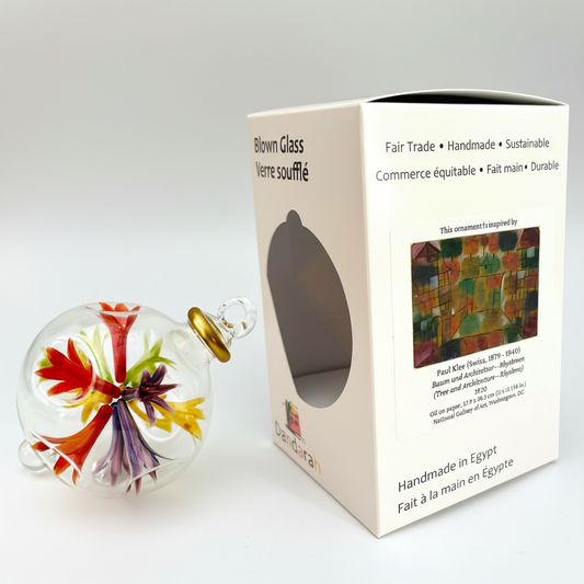 Handblown Glass Ornament with Floral Design Inspired by Paul Klee's Trees & Architecture Painting, Fair Trade Handcrafted
