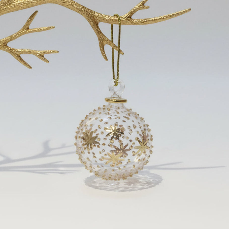 Handblown glass bauble ornament with gold stars and dots patterns etched and embossed on the ornament, fair trade, ethically handmade