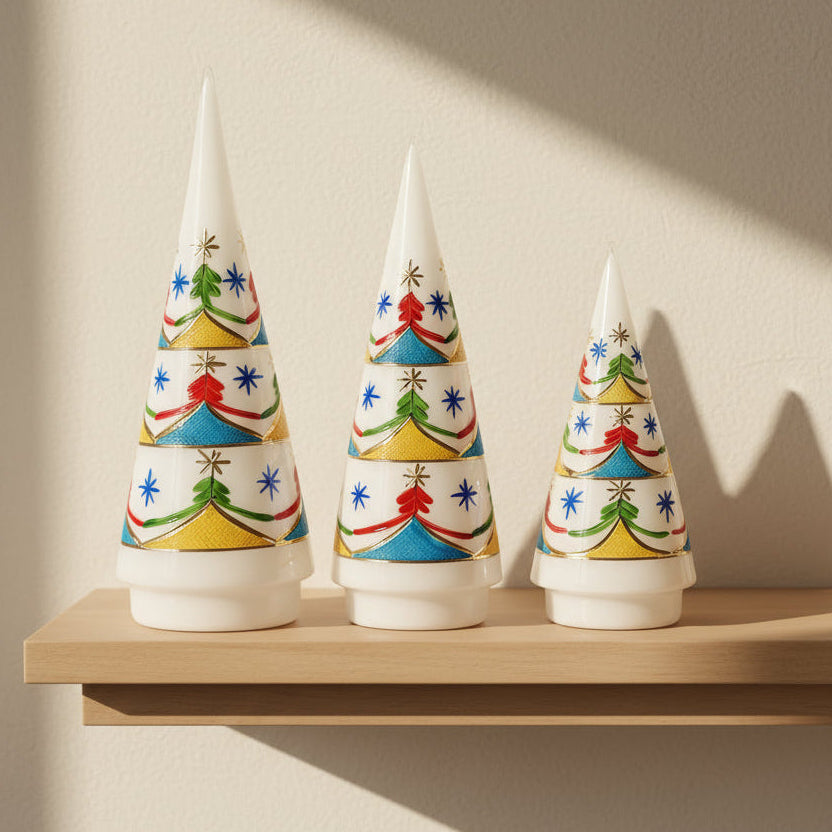 Decorative white handblown glass Christmas tree cones with colorful designs in three sizes, fair trade, ethically handmade