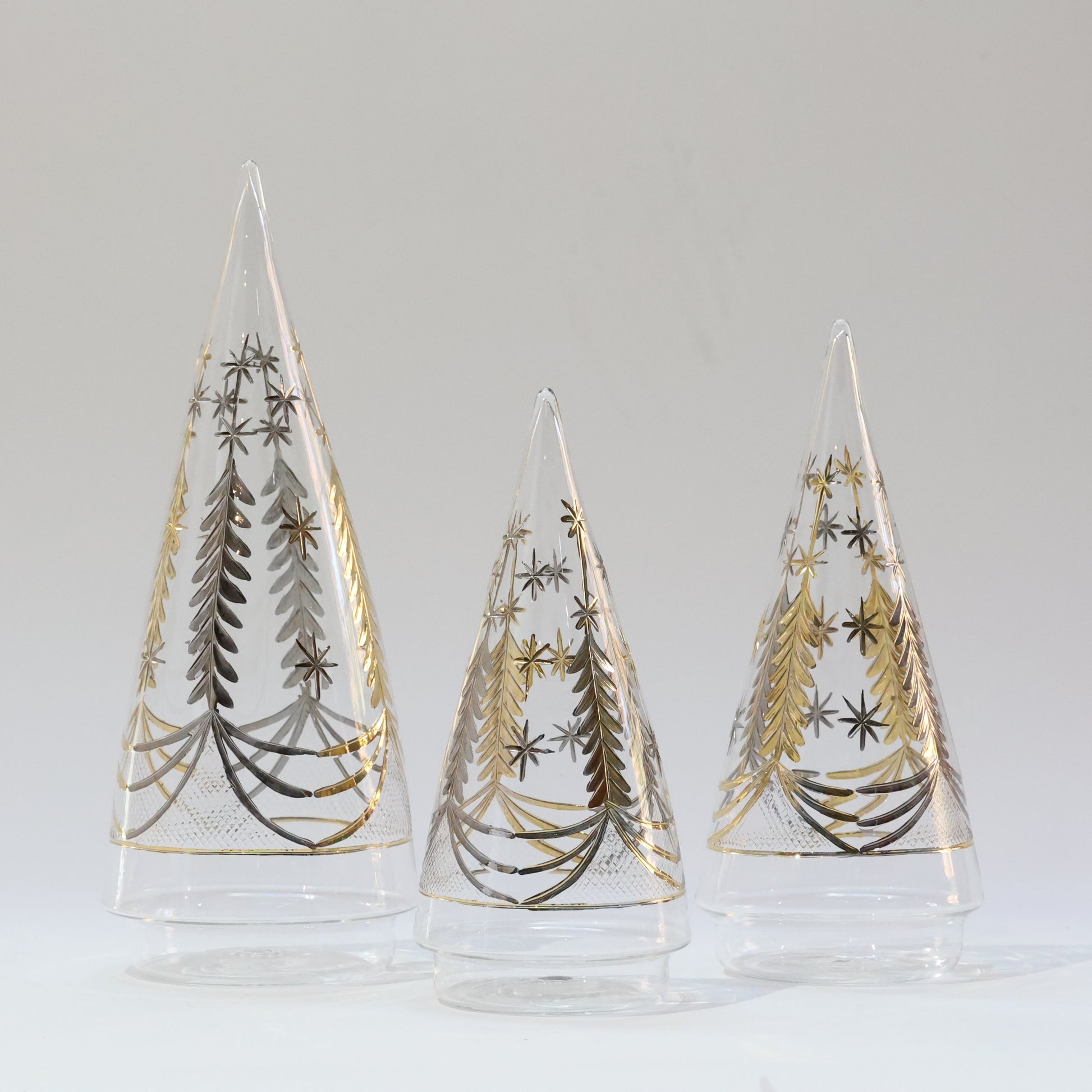 Blown Glass Tabletop Christmas Tree - Cone Engraved Silver & Gold