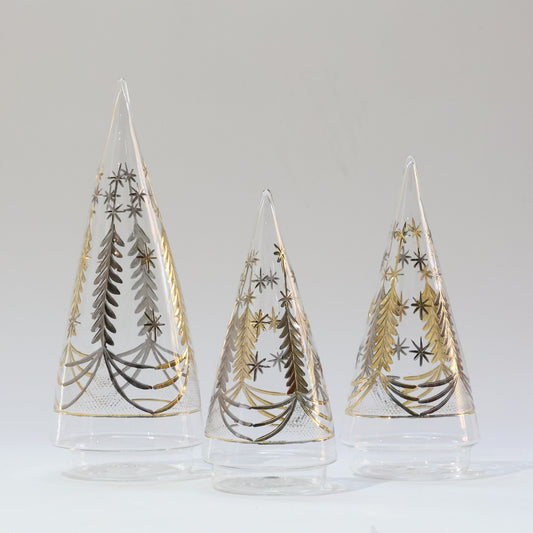 Blown Glass Tabletop Christmas Tree - Cone Engraved Silver & Gold