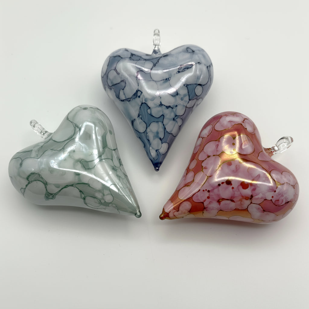 Blown Glass Ornament - Heart: White & Blue