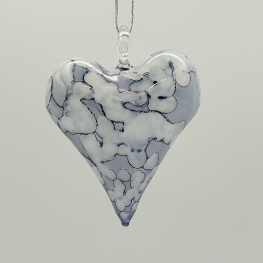 Blown Glass Ornament - Heart: White & Blue
