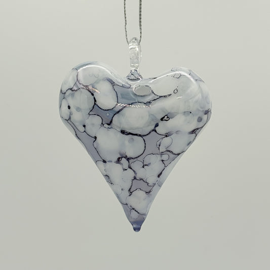 Blown Glass Ornament - Heart: White & Blue