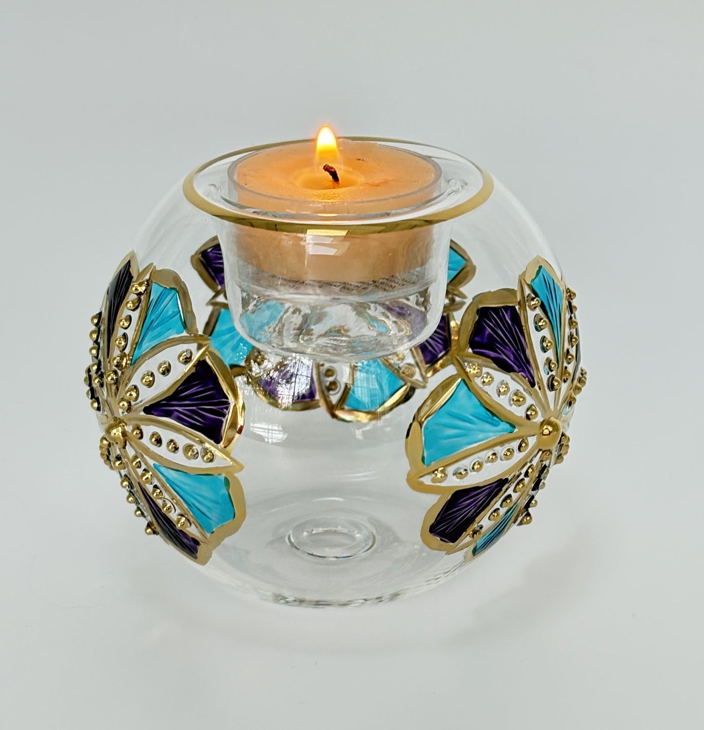 Ethically Sourced Blown Glass Candle Holder - Flower Mauve