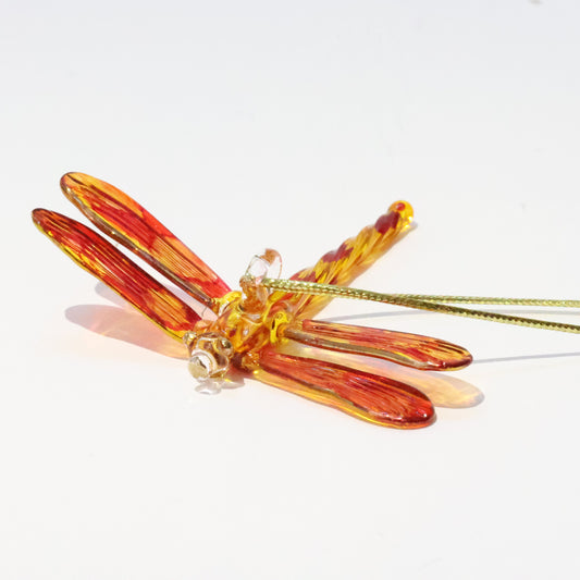 Blown Glass Ornament - Dragonfly Yellow & Red Variegated