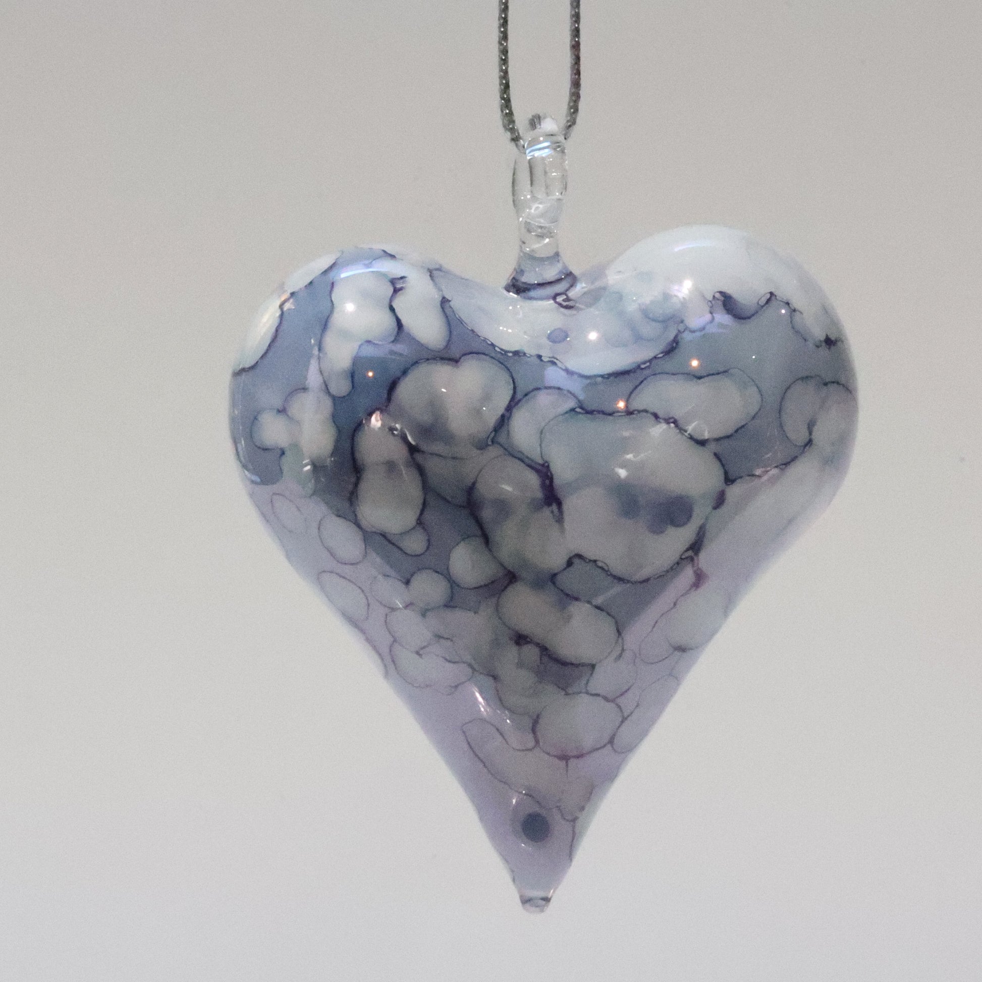 Blown Glass Ornament - Heart: White & Blue