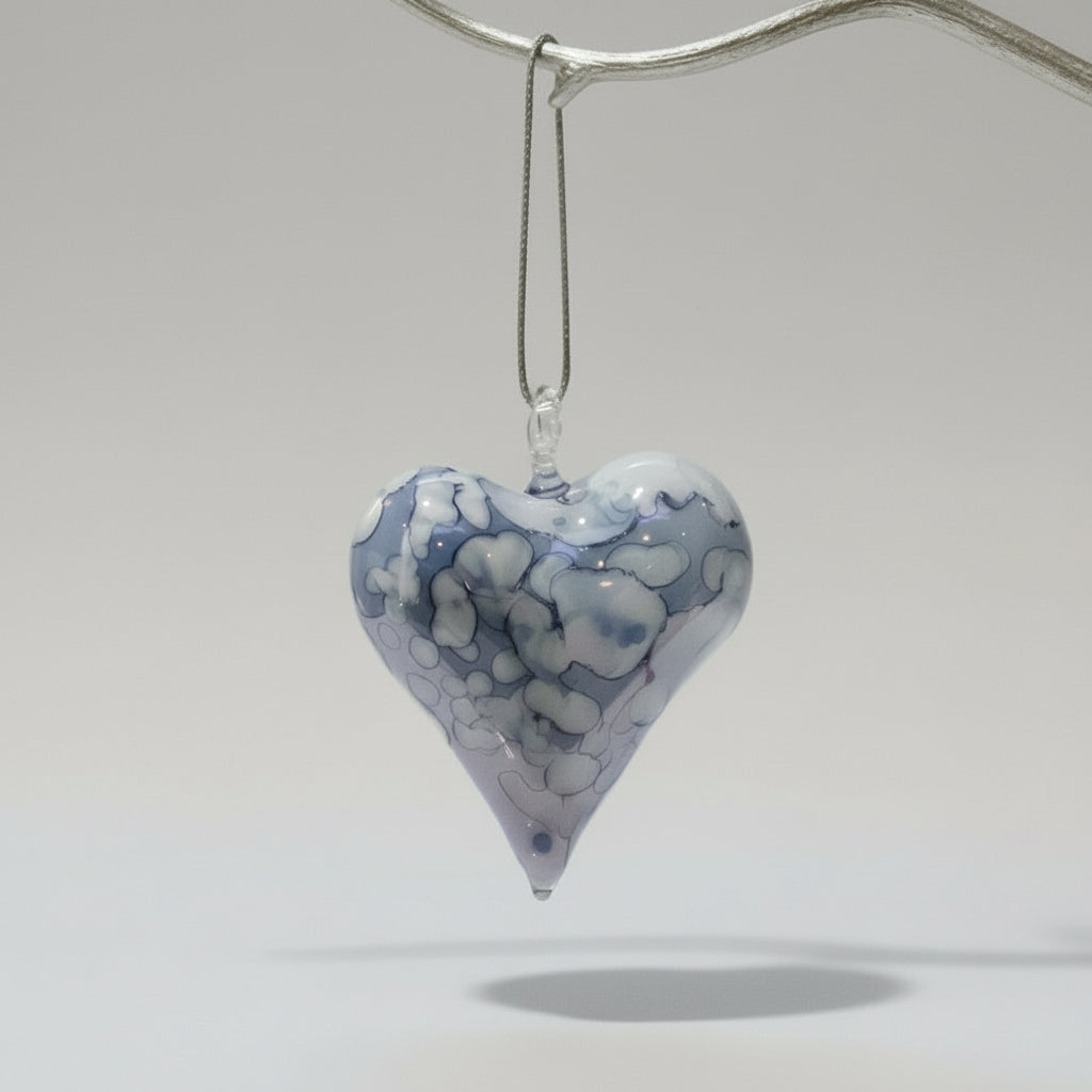Fair Trade Hand-Blown Glass Ornament - Heart: White & Blue, Ethically Handcrafted