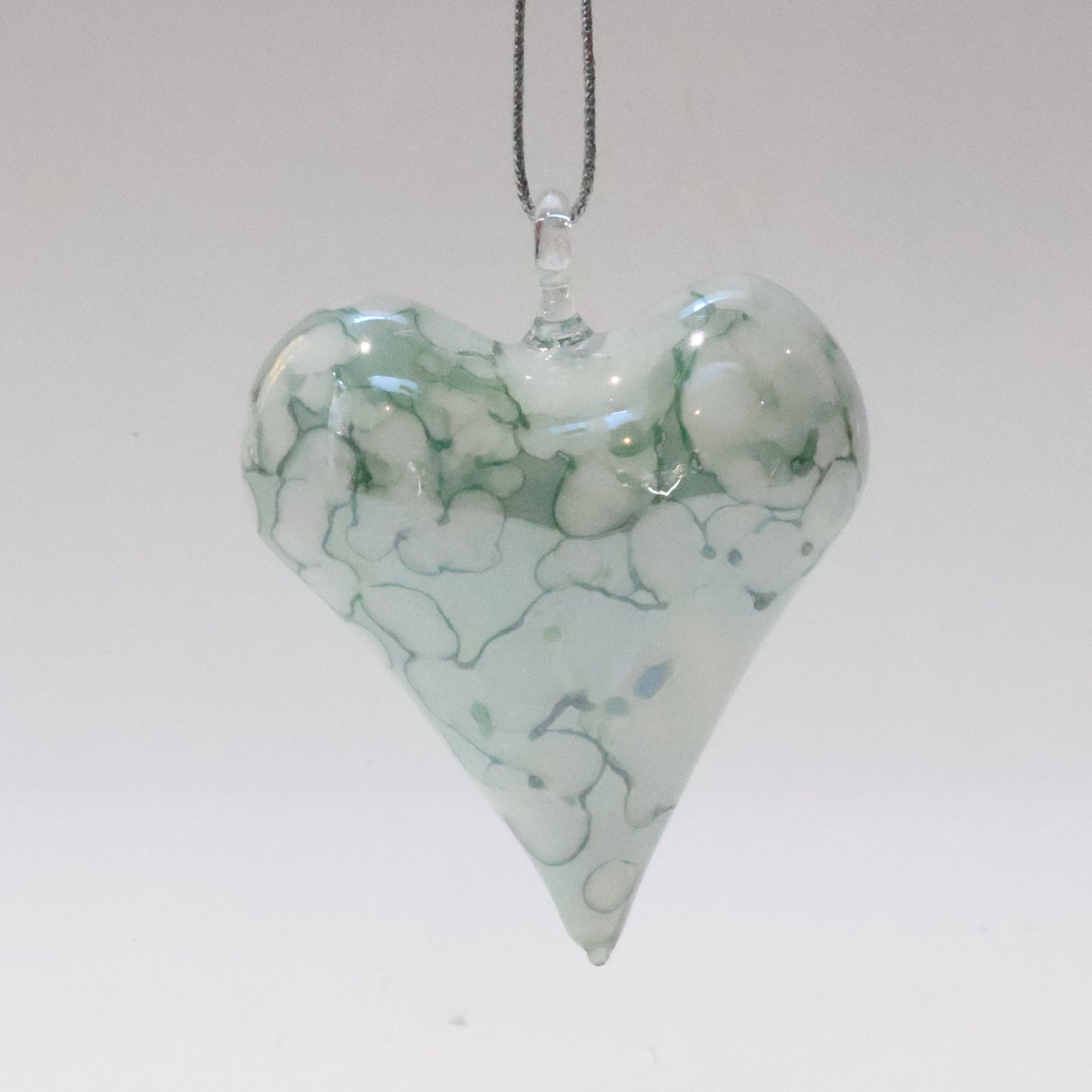 Blown Glass Ornament - Heart: White & Green