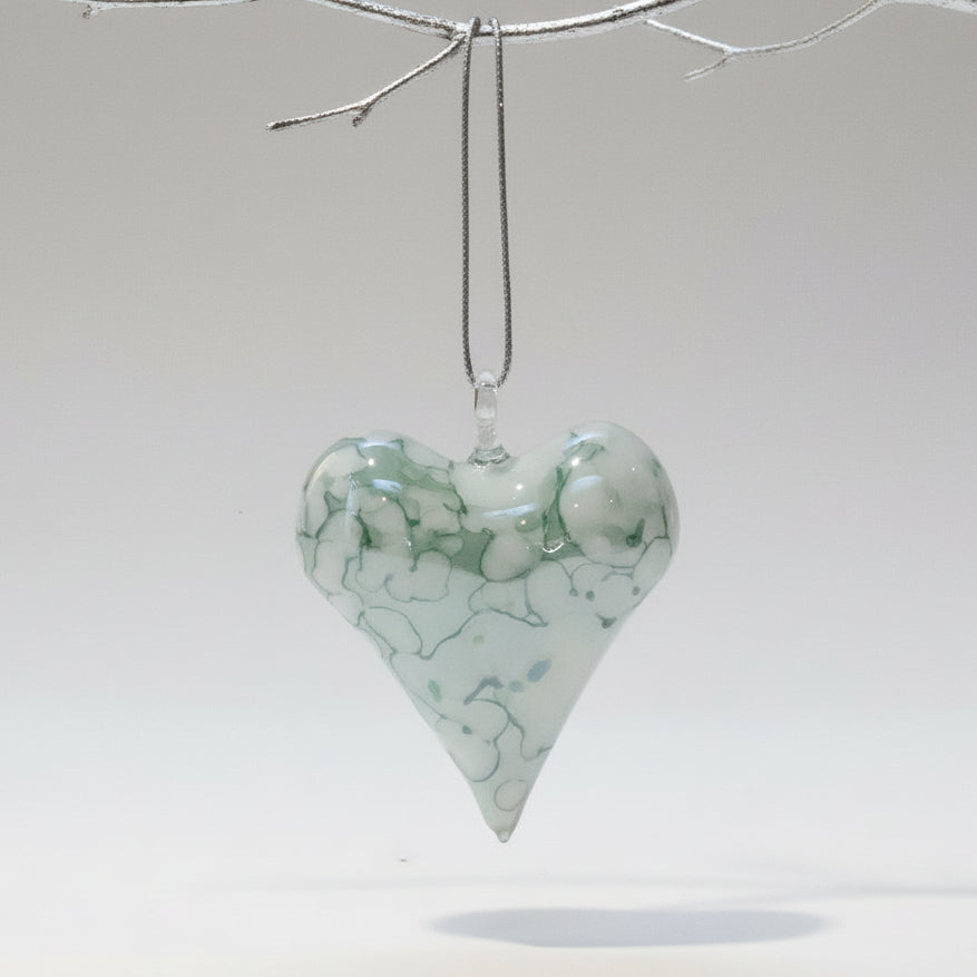 Fair Trade Blown Glass Ornament - Heart: White & Green, Ethically Handcrafted