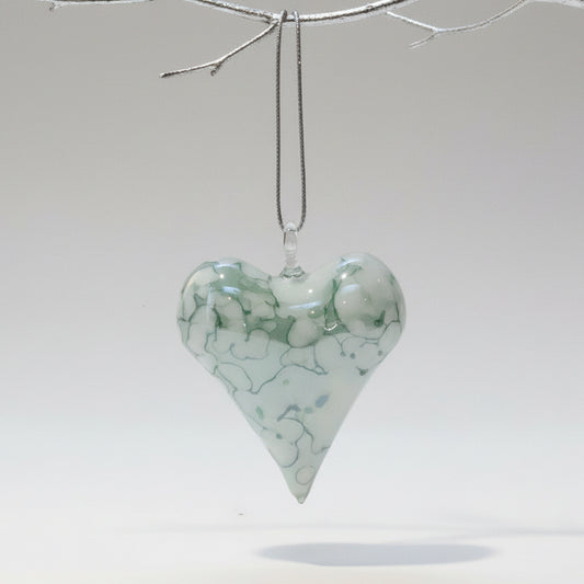 Fair Trade Blown Glass Ornament - Heart: White & Green, Ethically Handcrafted