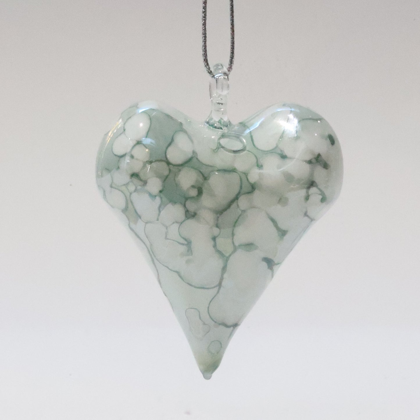 Blown Glass Ornament - Heart: White & Green