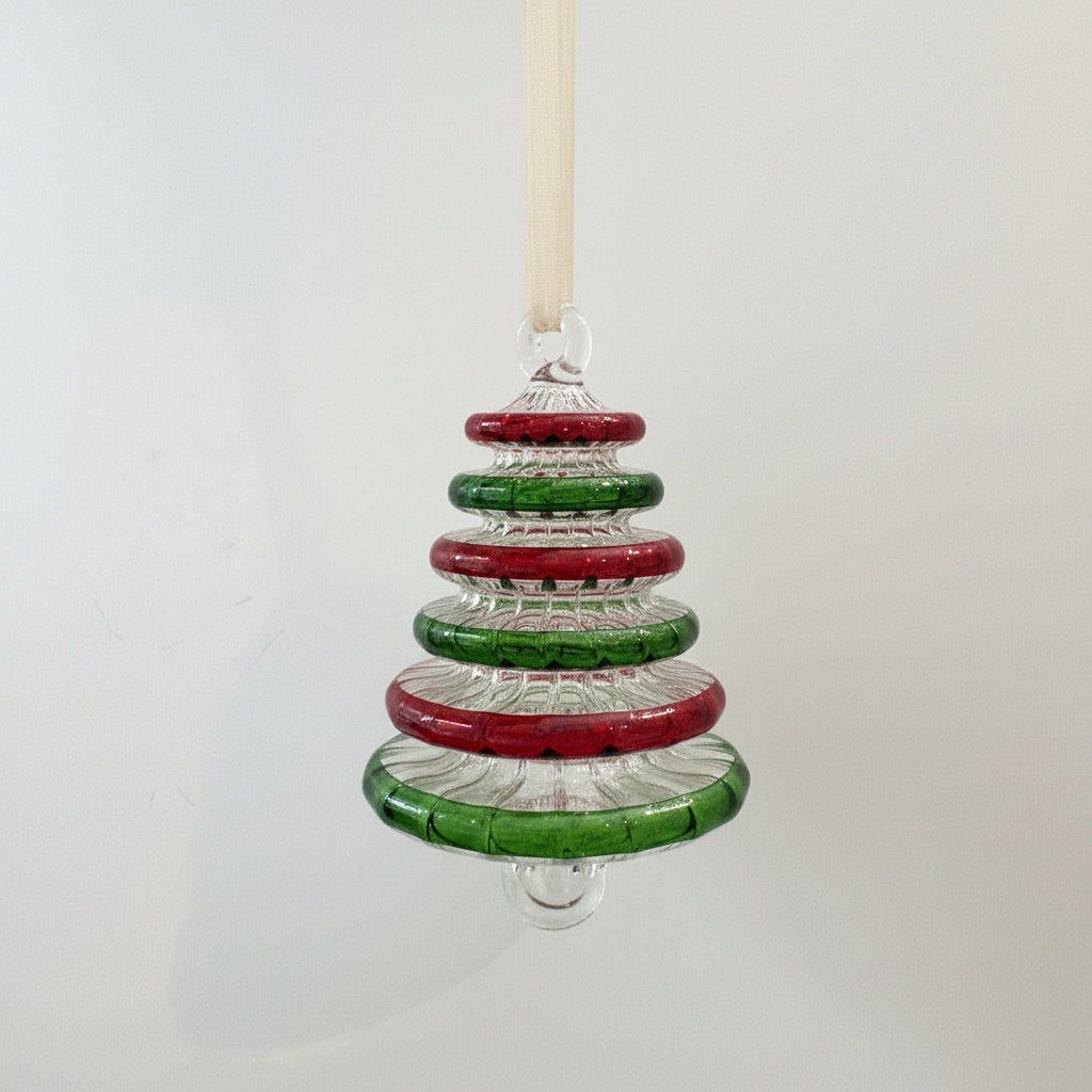 Handblown glass Christmas tree ornament with alternating red and green rings