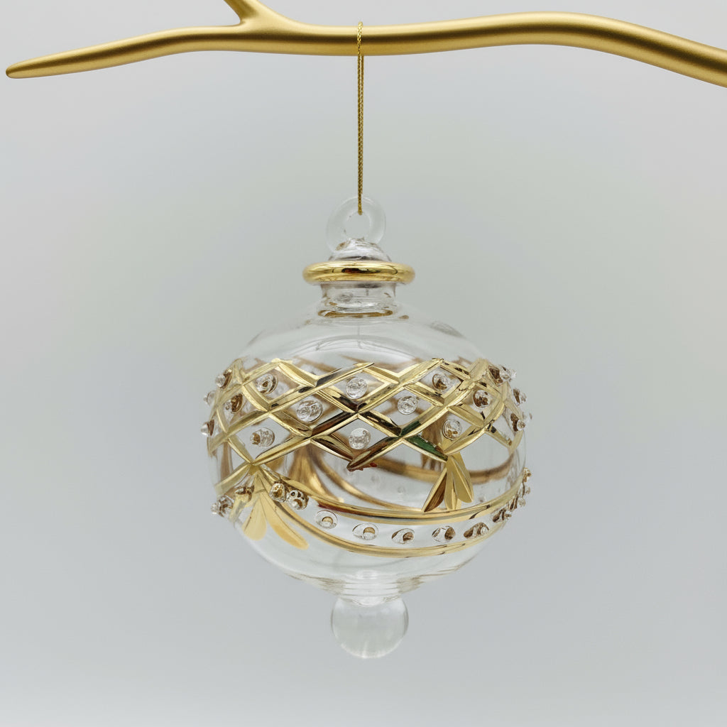 Decorative handblown glass bauble ornament with gold baroque art inspired design