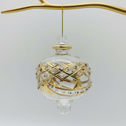 Decorative handblown glass bauble ornament with gold baroque art inspired design