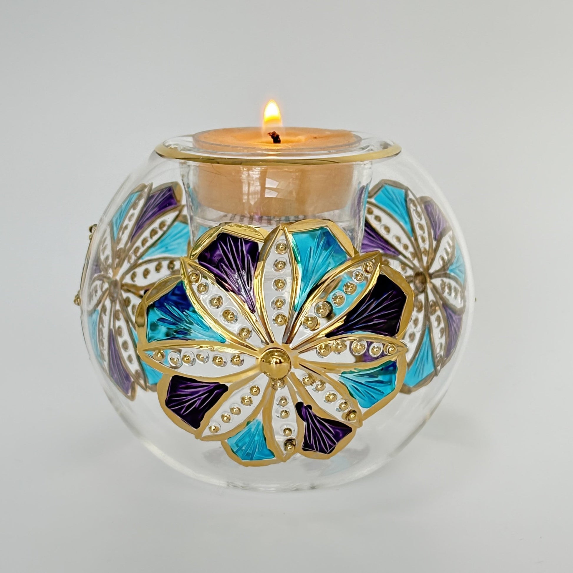 Ethically Sourced Blown Glass Candle Holder - Flower Mauve