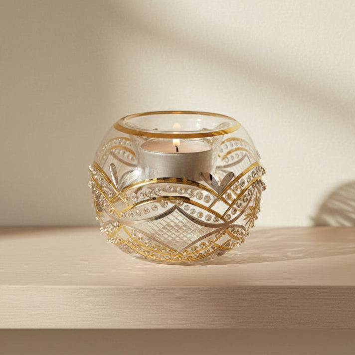 Ethically Handmade Blown Glass Candle Holder - Gold & Silver Carousel, Fair Trade