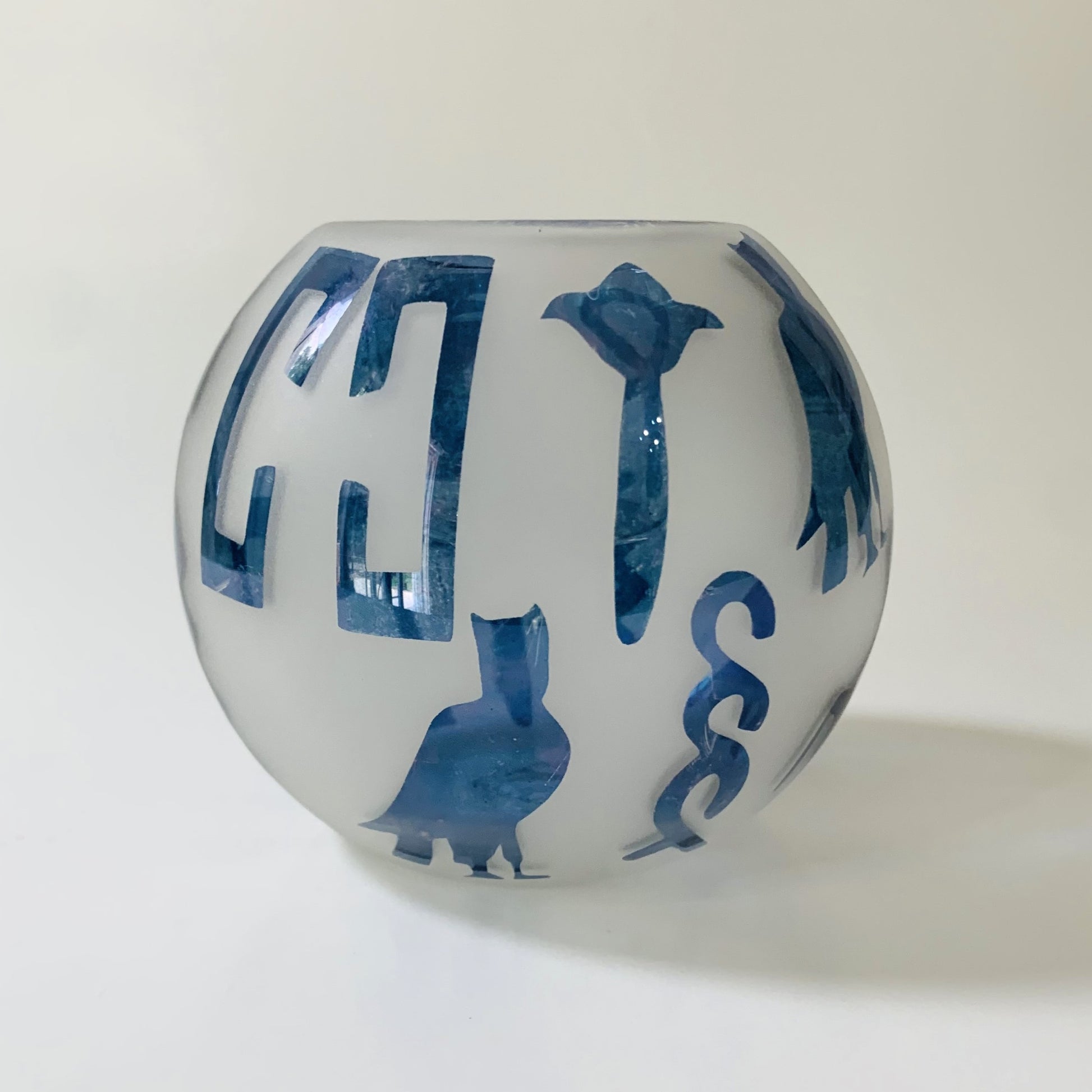 Blown Glass Candle Holder - Hieroglyphs in Blue