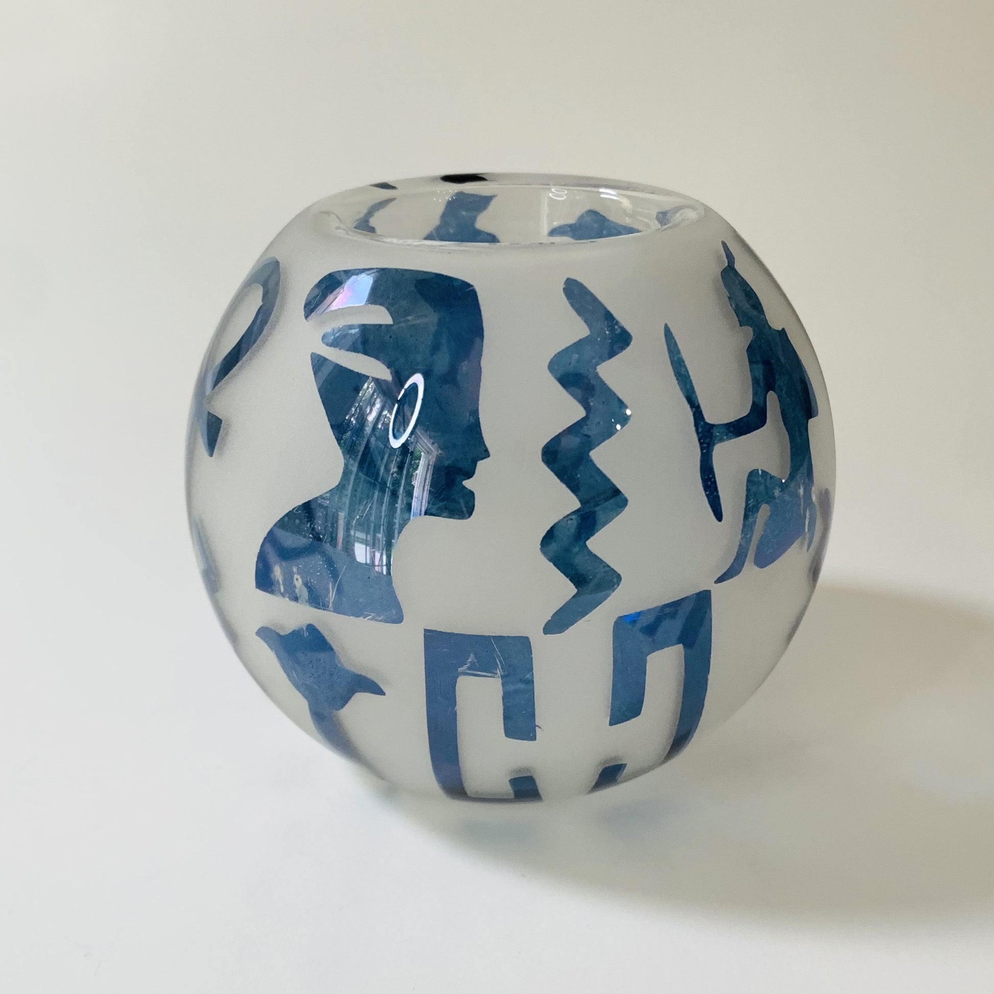 Blown Glass Candle Holder - Hieroglyphs in Blue