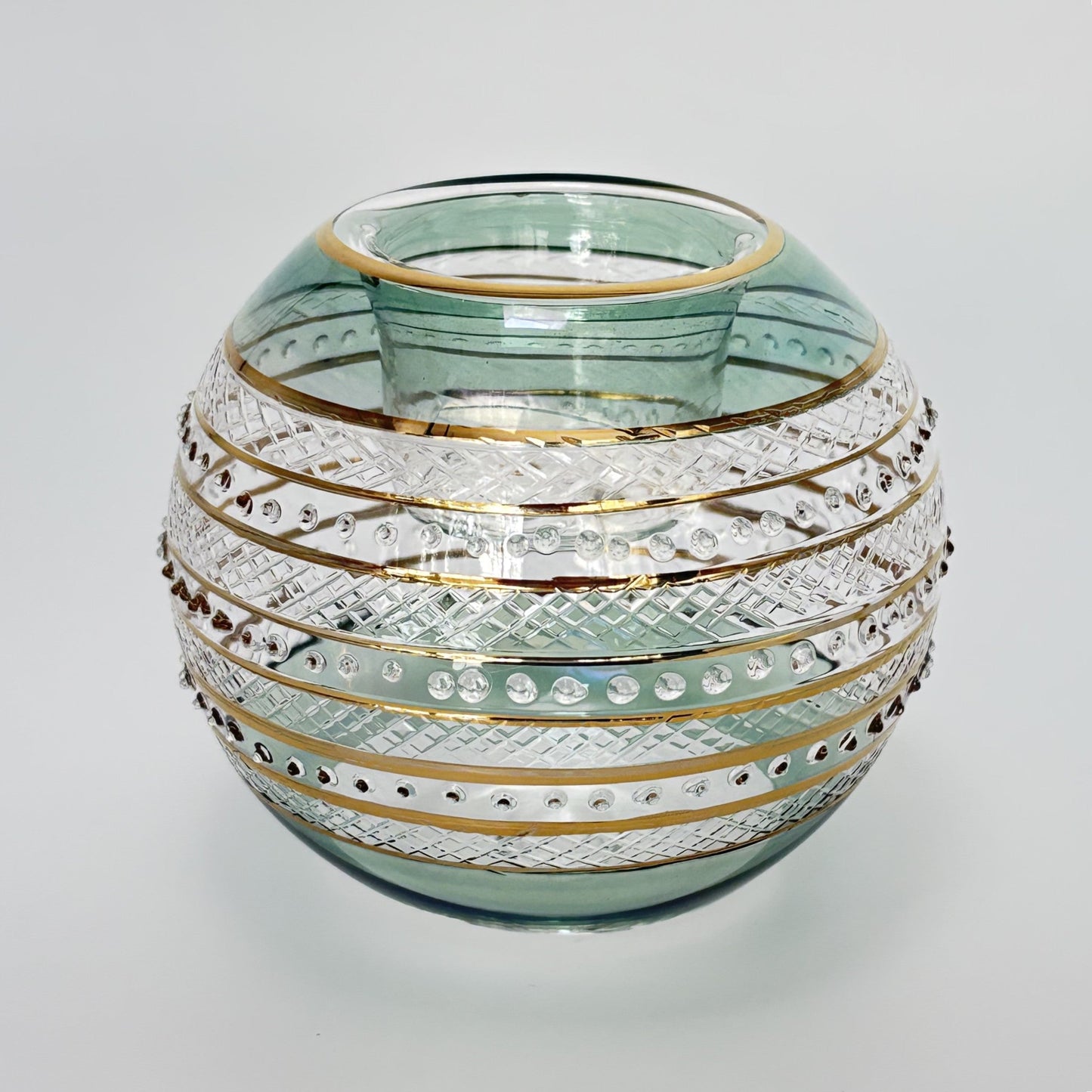 Blown Glass Candle Holder - Sparkle Rings with Green Rim