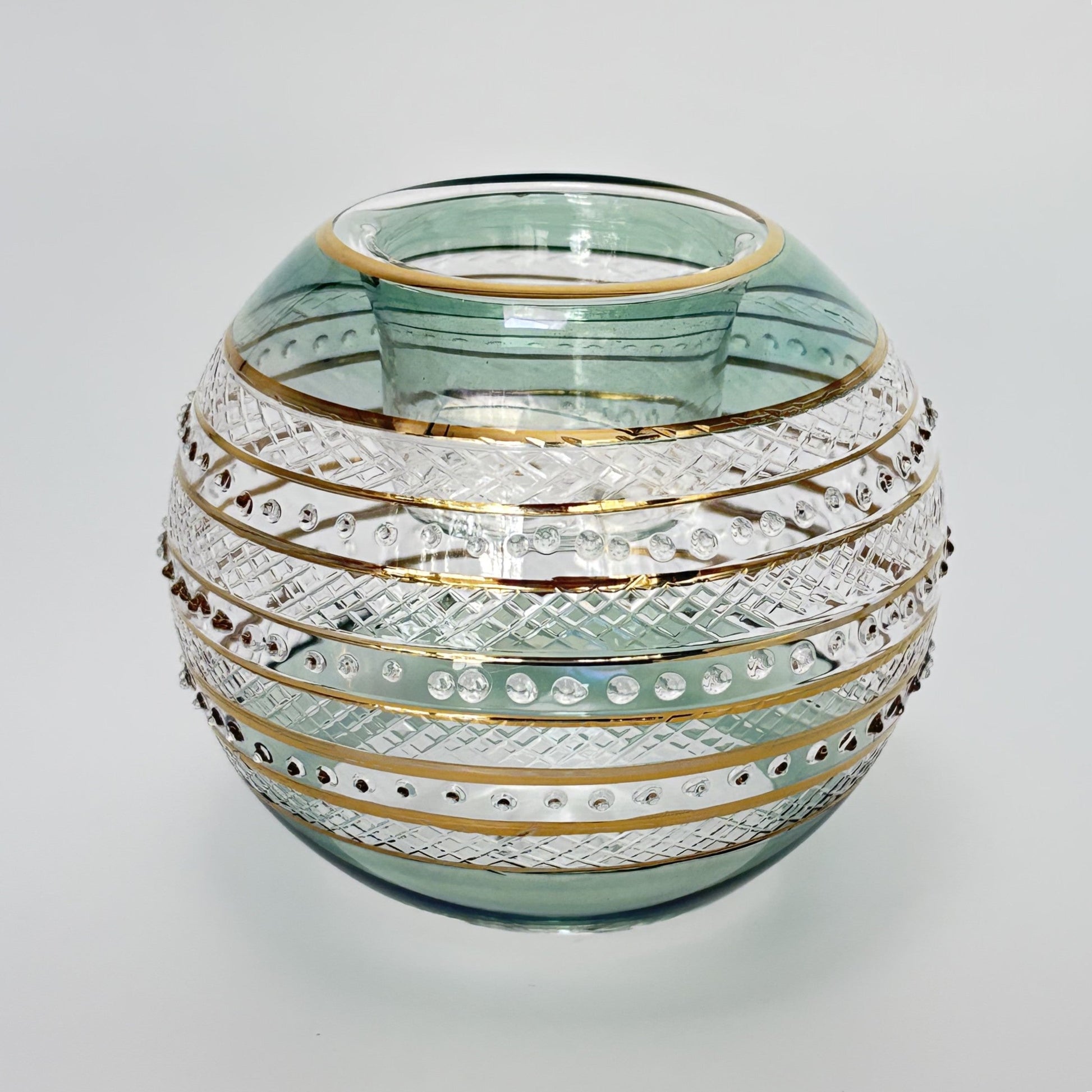 Blown Glass Candle Holder - Sparkle Rings with Green Rim