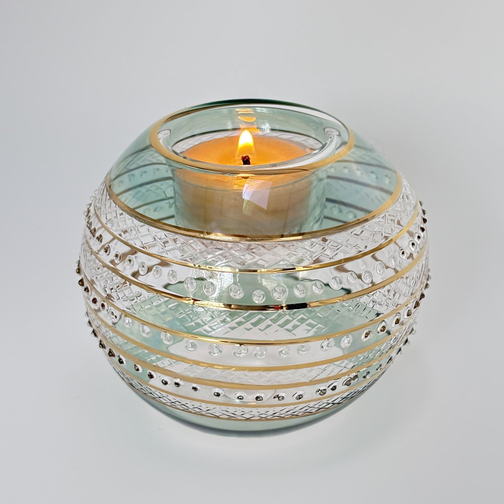 Blown Glass Candle Holder - Sparkle Rings with Green Rim