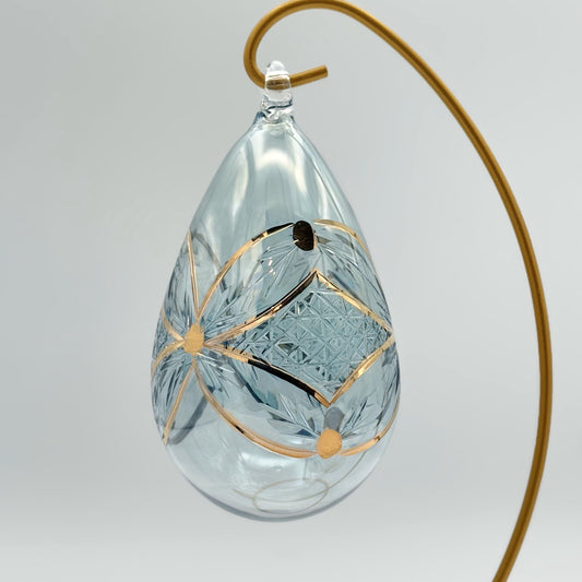 Blown Glass Egg Ornament -  Engraved Flowers in Teal