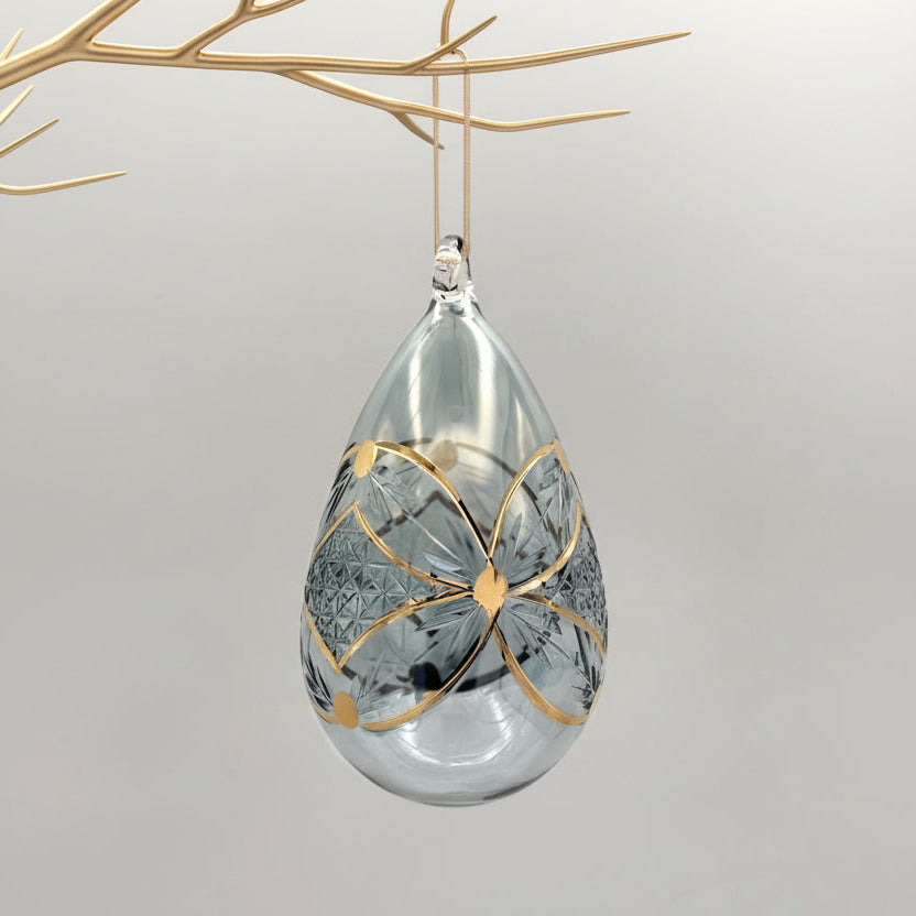 Fair Trade, Hand-blown Glass Egg-shaped Ornament -  Engraved Flowers in Teal & Gold