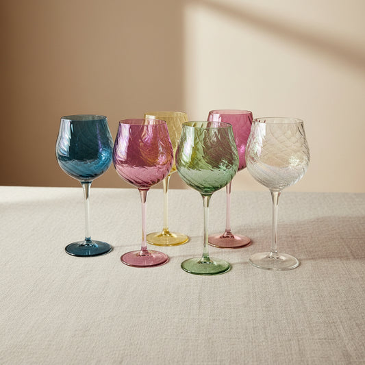 Fair Trade Hand-Blown Glass Long Stem Wine Glass - Iridescent, Pastel, Gold detail, Ethically handmade, artisanal barware