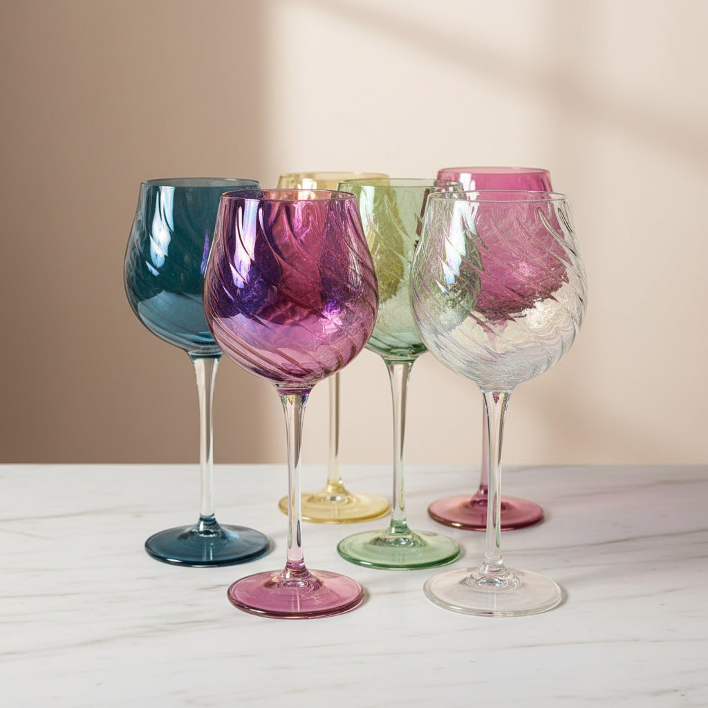 Fair Trade Hand-Blown Glass Long Stem Wine Glass - Iridescent, Pastel, Gold detail, Ethically handmade, artisanal barware
