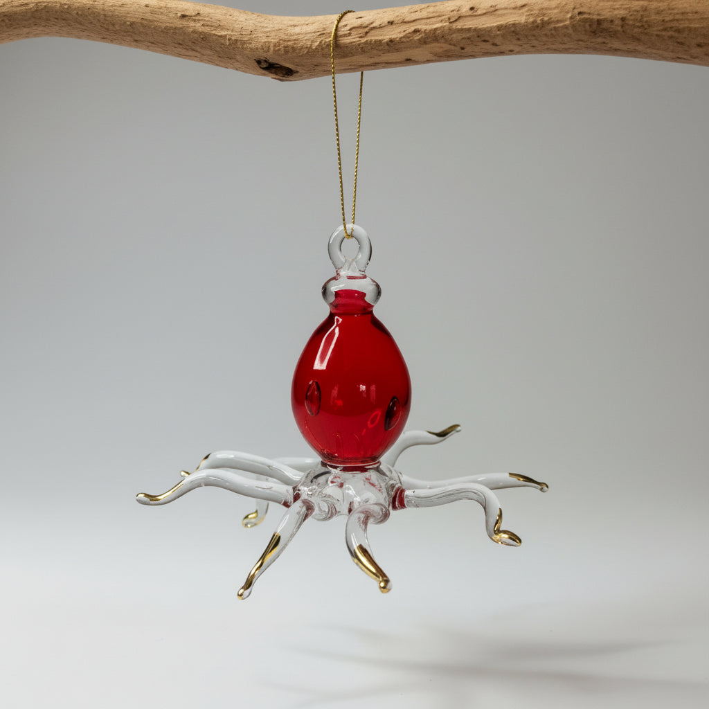 Fair Trade Hand-Blown Glass Ornament - Octopus, Red with Gold Detail, Ethically Sustainably Handmade