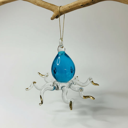 Fair Trade Hand-Blown Glass Ornament - Octopus, Turquoise with Gold Detail, Ethically Sustainably Handmade