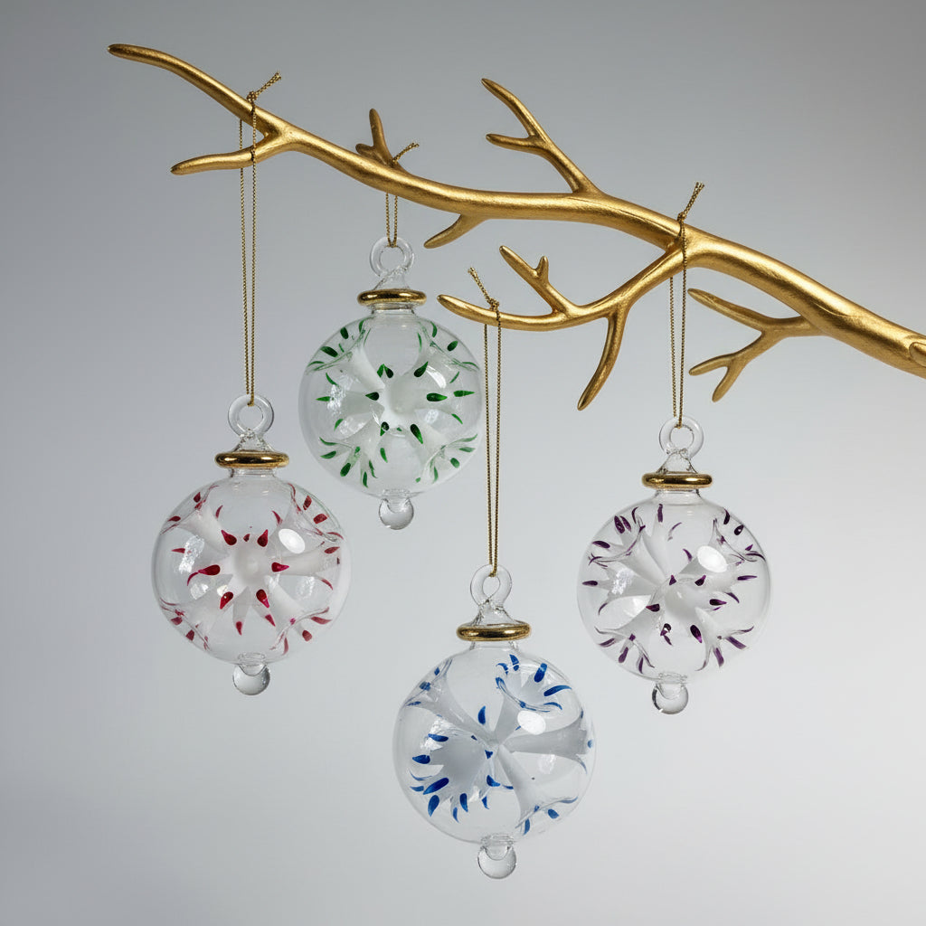 Fair Trade Handblown Glass Ornament - Blossoms White, Ethically Handmade, Heirloom Quality