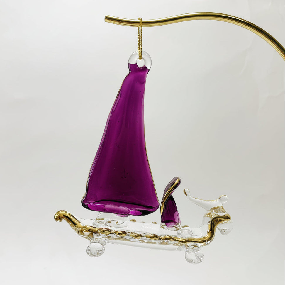 Fair Trade Handblown Glass Sail Boat Ornament with Plum Sails