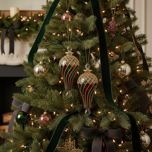 Fair Trade Hand-Blown Glass Ornament - Swirl Green & Red, Ralph Lauren-inspired Tartan Christmas decor, Heirloom quality