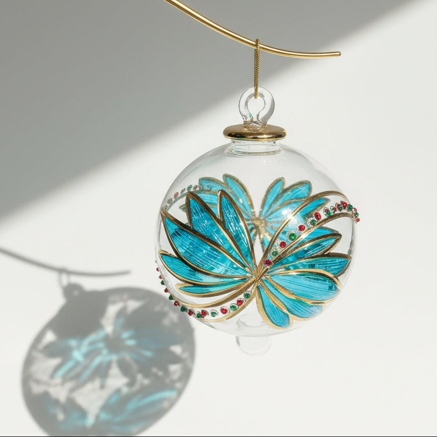 Fair Trade Hand-Blown Glass Ornament - Turquoise Flower with Gold Detail, Ethically Handmade