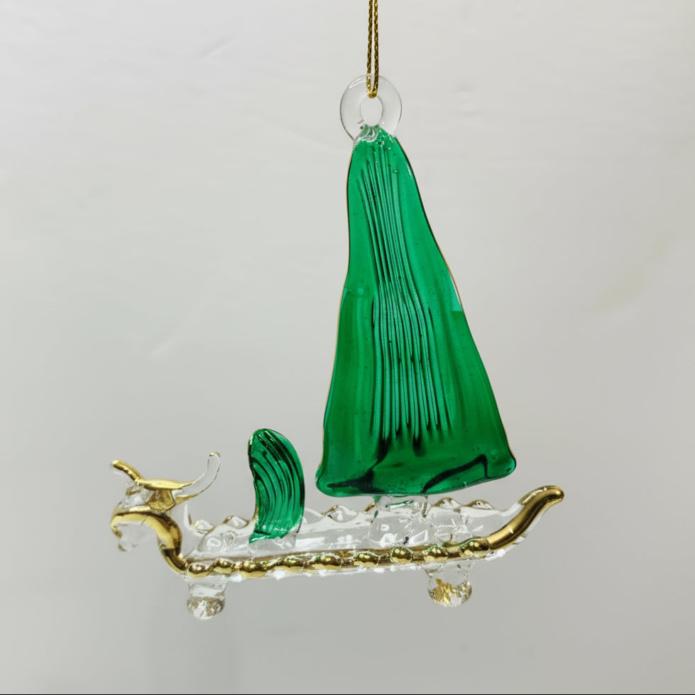 Fair Trade Handblown Glass Sail Boat Ornament with Green Sails