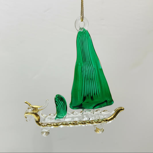 Fair Trade Handblown Glass Sail Boat Ornament with Green Sails