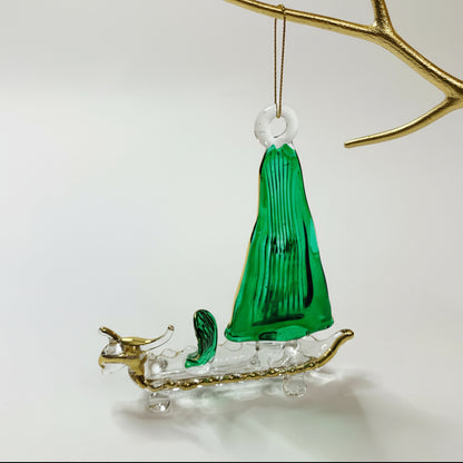 Fair Trade Handblown Glass Sail Boat Ornament with Green Sails