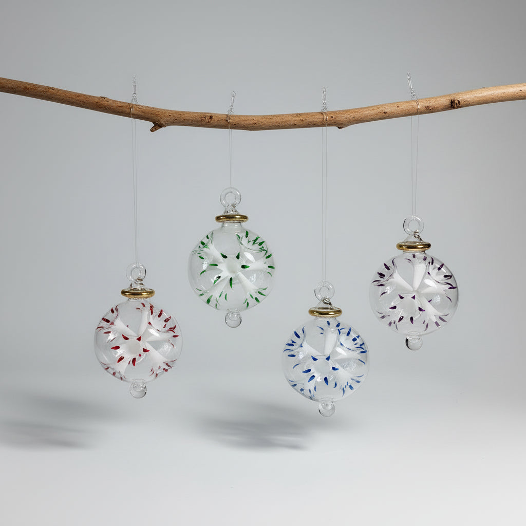 Fair Trade Handblown Glass Small Ornament - Blossoms White, Ethically Handmade, Heirloom Quality