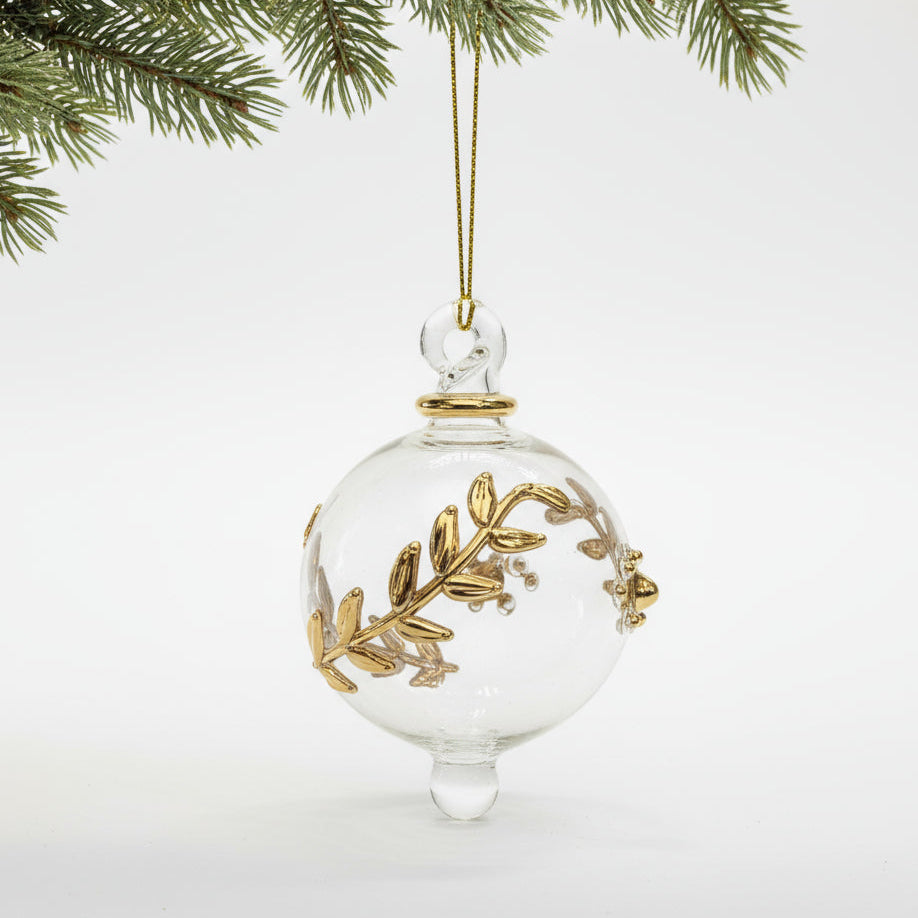 Clear handblown glass bauble Christmas ornament with gold leaf and flower design