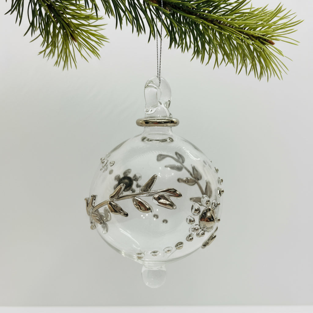 Clear handblown glass bauble Christmas ornament with silver leaf and flower design