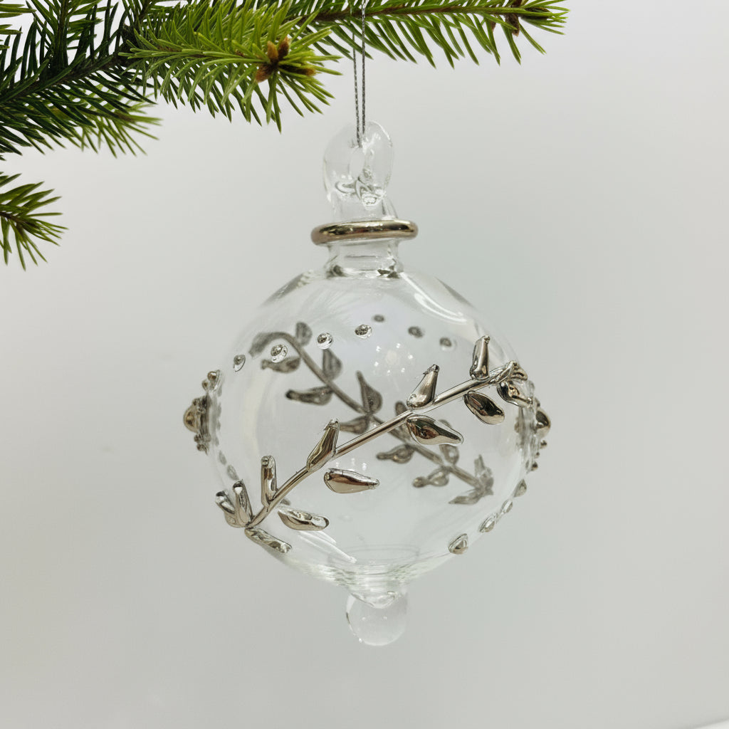 Clear handblown glass bauble Christmas ornament with silver leaf and flower design