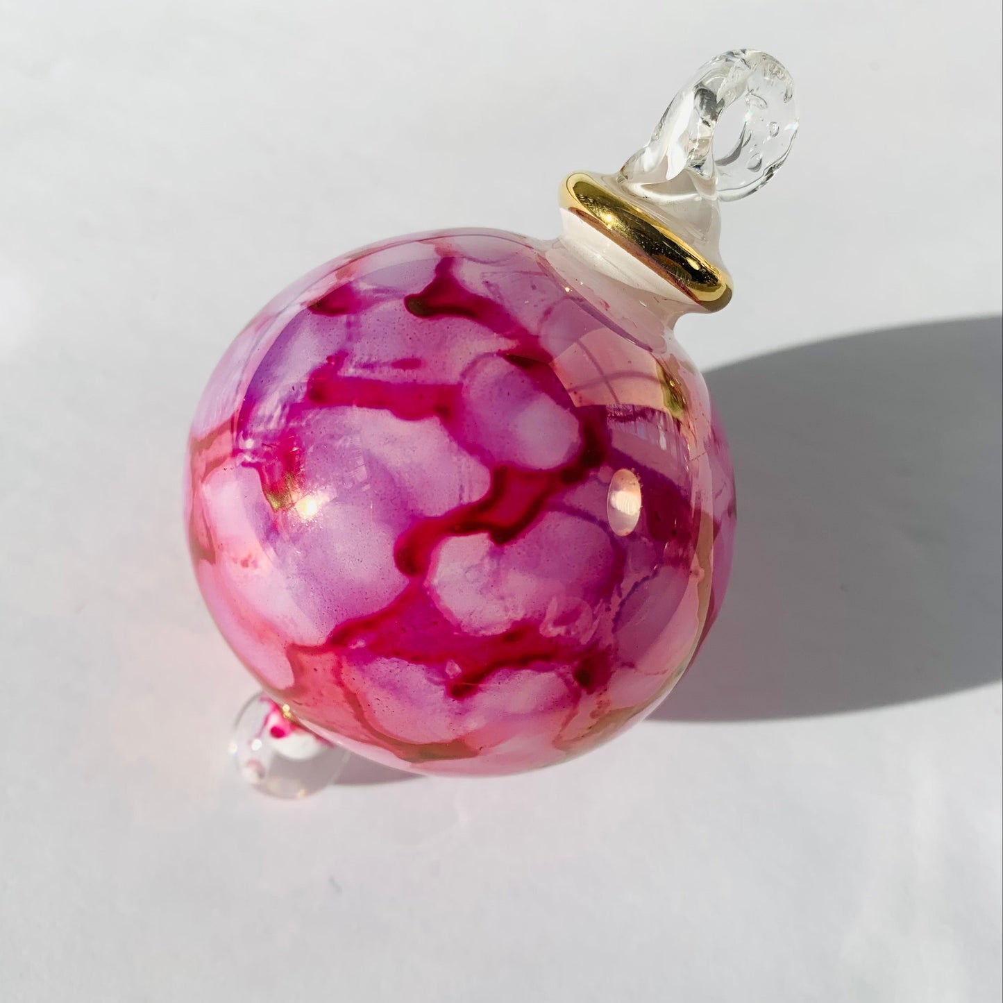 Blown Glass Small Bauble Ornament - Fuchsia and White Splash
