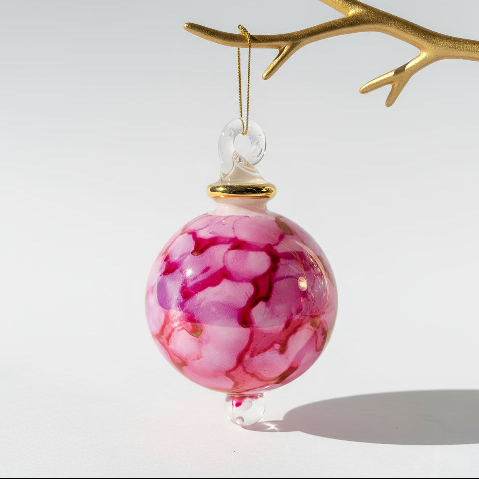 Blown Glass Small Bauble Ornament - Fuchsia and White Splash